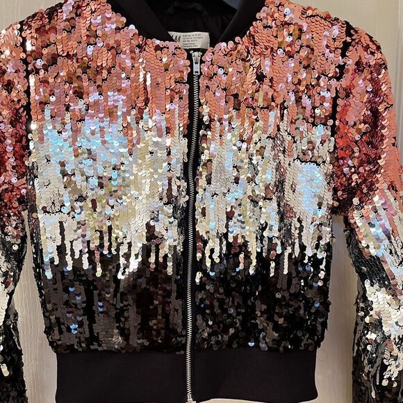 H&M Girls Ombre Black Silver Pink Sequin Bomber Jacket Size 10-11 years - Picture 7 of 15